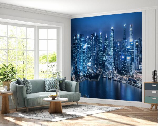 Self-adhesive mural depicting Singapore's skyline and water reflections