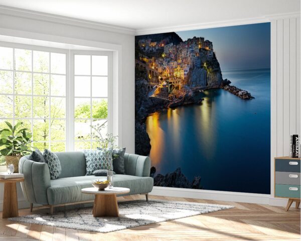 Self-adhesive mural capturing the serene night glow of Manarola