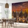 New York City skyline bathed in sunset hues on vinyl mural