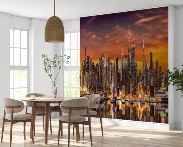 New York City skyline bathed in sunset hues on vinyl mural