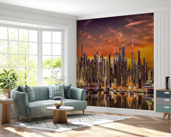 NYC sunset panorama mural perfect for urban-themed living rooms and offices