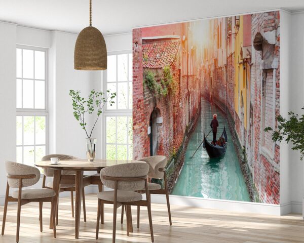 Gondolier navigating the calm waters of a Venetian canal on vinyl mural