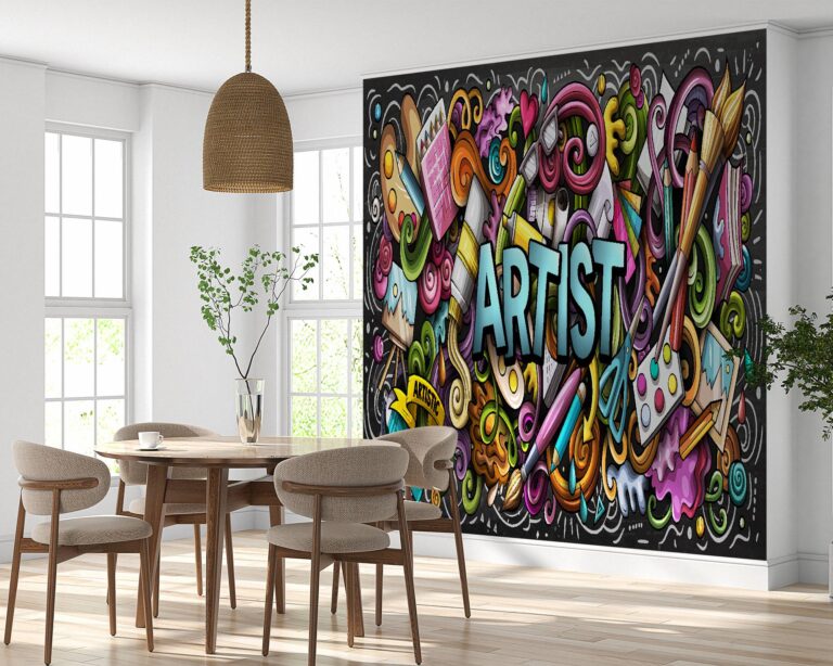 Living room adorned with graffiti street art vibes