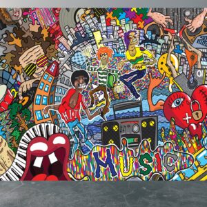 Dynamic graffiti collage with street artist spray wall mural