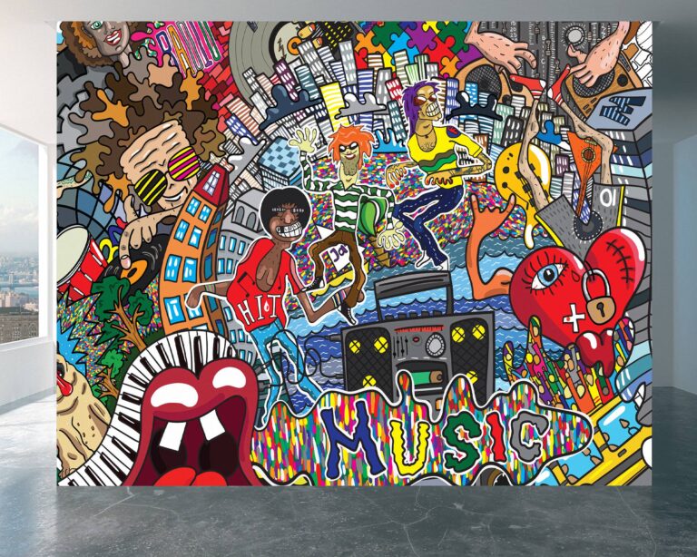 Dynamic graffiti collage with street artist spray wall mural