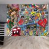 Living room adorned with graffiti collage and spray artistry