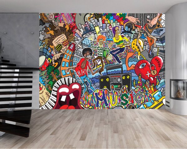 Living room adorned with graffiti collage and spray artistry