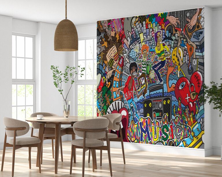 Dynamic graffiti collage with street artist spray wall mural