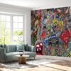 Self-adhesive wallpaper with vibrant urban art collage