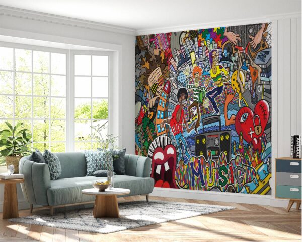 Self-adhesive wallpaper with vibrant urban art collage