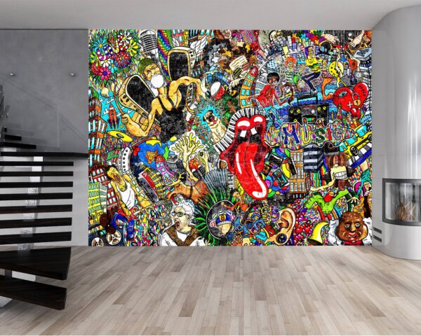 Dynamic music collage with graffiti street art wall mural