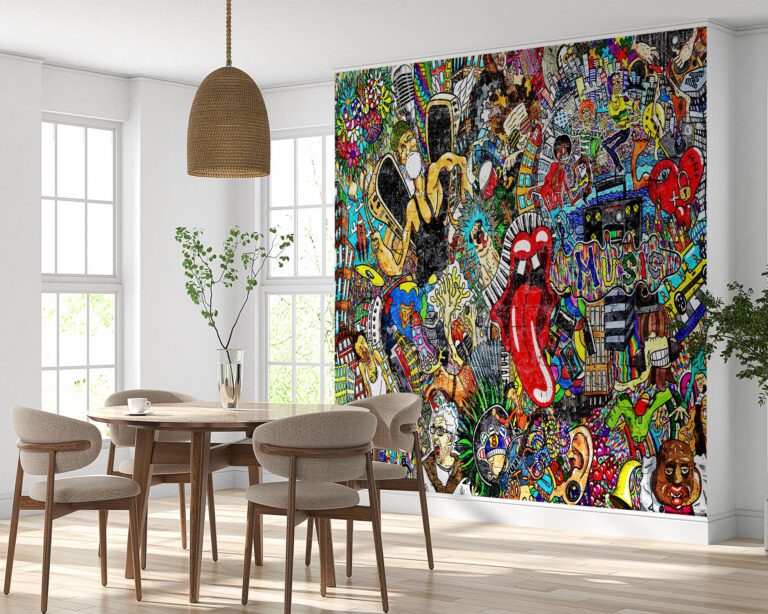 Living room adorned with a vibrant music collage and street artistry