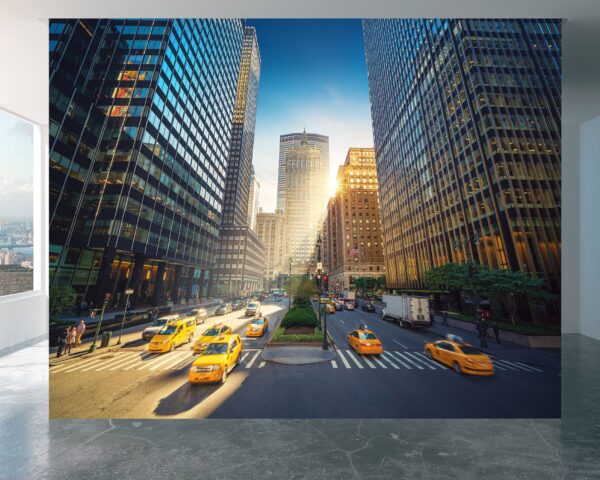 Bustling city street with taxis captured on vinyl mural