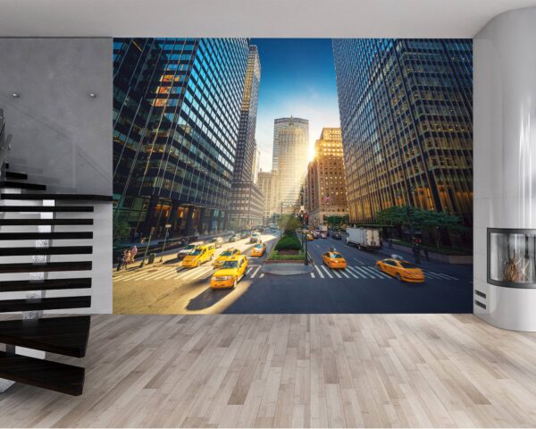 City street and taxis mural perfect for urban-themed offices and living rooms