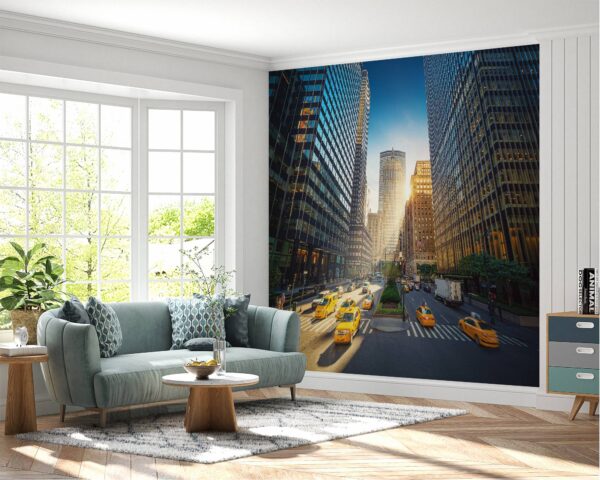 Self-adhesive mural showcasing the dynamic energy of urban life