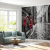 Red bicycle and cobblestone mural perfect for vintage-themed living rooms and studies