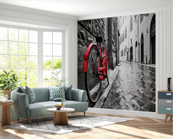 Red bicycle and cobblestone mural perfect for vintage-themed living rooms and studies