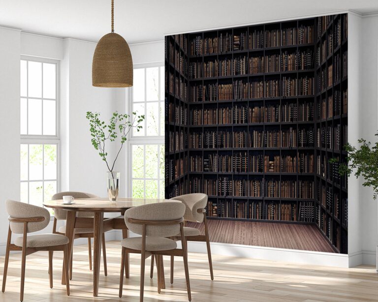 Classic bookshelf library design wall mural