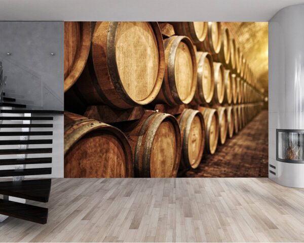 Rustic brown oak barrels storage wall mural