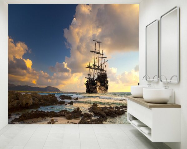 Vintage Ship on Sea Sunset Wallpaper Photo Wall Mural Wall UV Print Decal Wall Art Décor