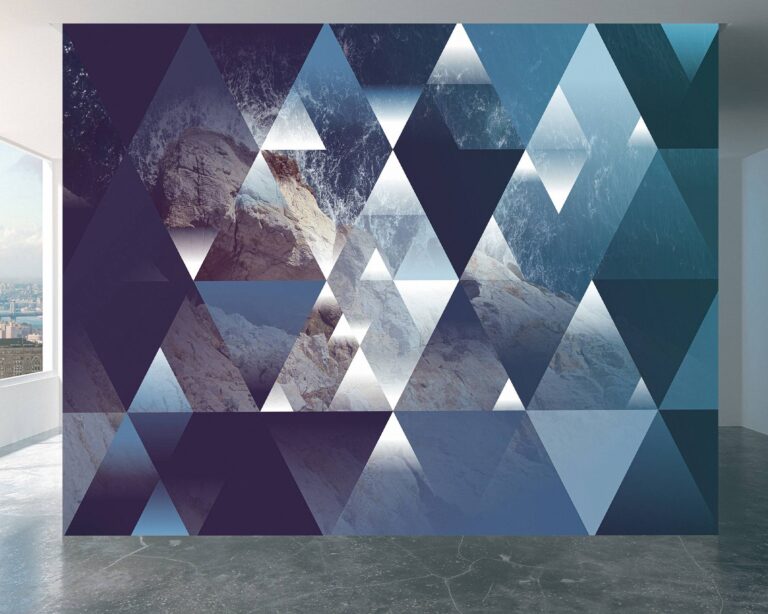 Wall mural showcasing geometric triangles in a blue landscape