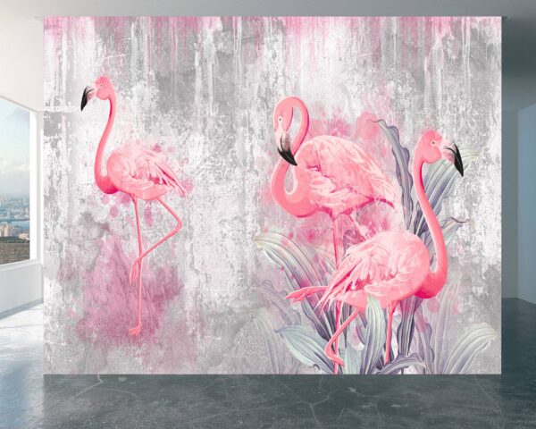 Exotic pink flamingos on concrete background wall mural