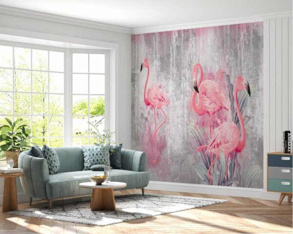 Self-adhesive wallpaper showcasing flamingos against urban design