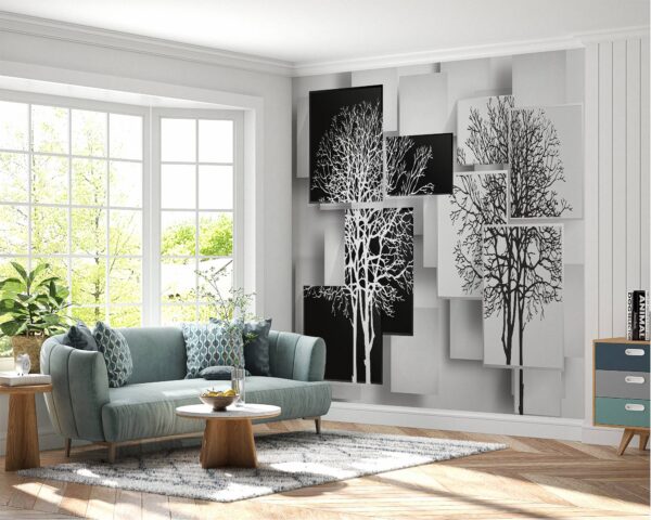 Self-adhesive wallpaper showcasing monochromatic tree art