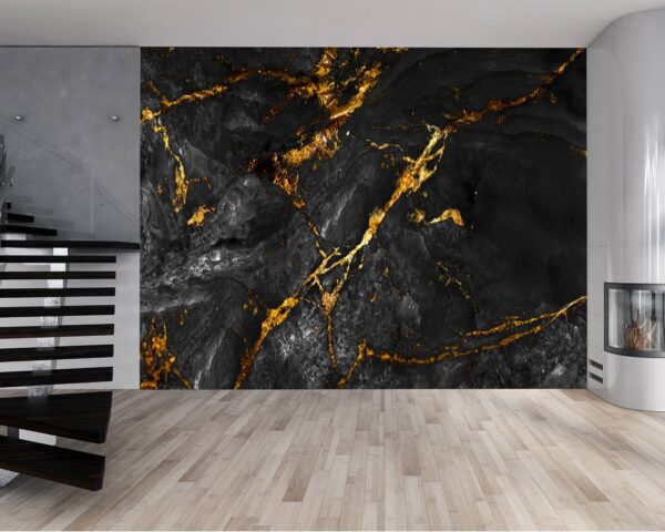 Bedroom Wall Elegance redefined with Luxurious Black Marble Wallpaper.