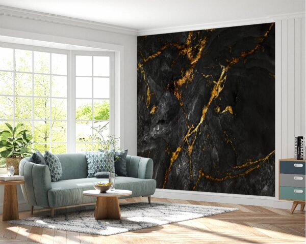 Sophisticated Bedroom Decor with Beautiful Black Marble Wall Wallpaper.