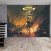 Living room adorned with skeleton and sword mural
