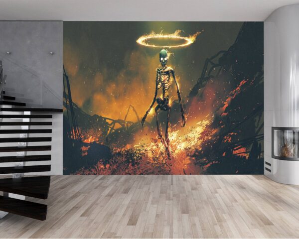 Living room adorned with skeleton and sword mural