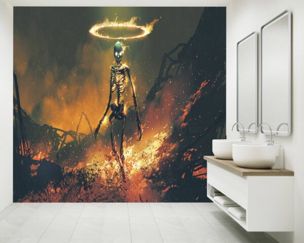 Close-up of blazing skeleton and sword details on mural