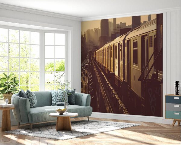 Elevated train zooming over bustling cityscape captured on vinyl mural