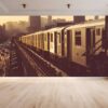 Waterproof vinyl decor depicting a train over a lively city scene