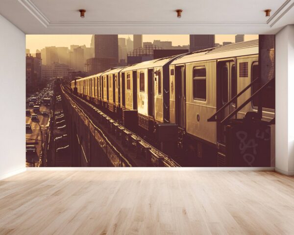 Waterproof vinyl decor depicting a train over a lively city scene