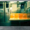 Empty subway train awaiting passengers captured on vinyl mural