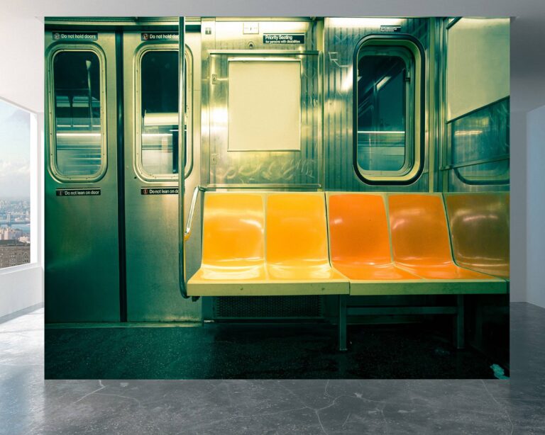 Empty subway train awaiting passengers captured on vinyl mural