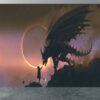 Formidable black dragon set against a dark fantasy backdrop on self-adhesive wallpaper