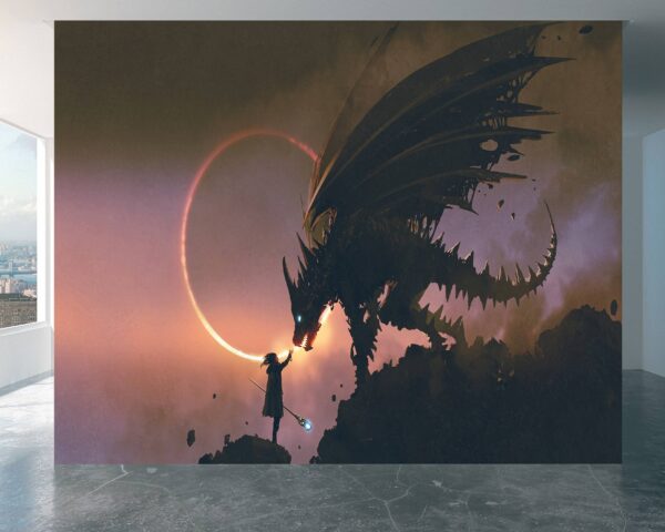 Formidable black dragon set against a dark fantasy backdrop on self-adhesive wallpaper