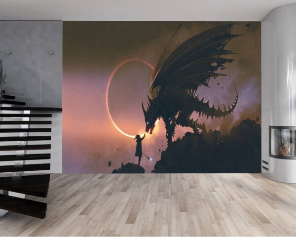 Living room adorned with the might of a black dragon mural