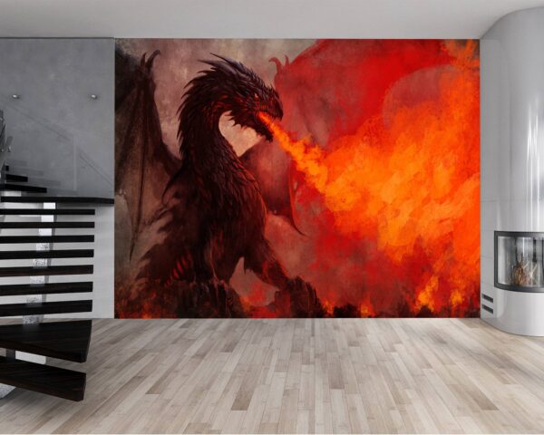 Dramatic fiery dragon scene wallpaper for a bold interior statement