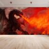 Intense flames from dragon fire wallpaper enlivening living room walls