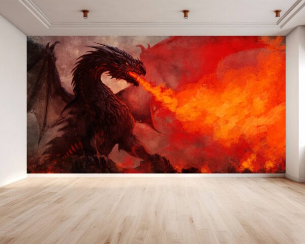 Intense flames from dragon fire wallpaper enlivening living room walls