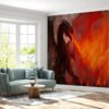 Living room adorned with the powerful imagery of dragon fire wallpaper