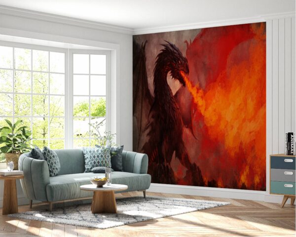 Living room adorned with the powerful imagery of dragon fire wallpaper