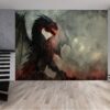 Infernal black dragon soaring amidst fiery flames on the wallpaper mural.