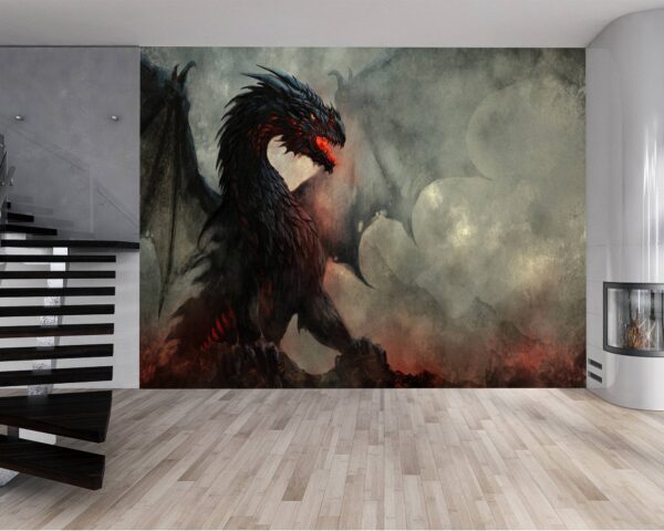 Infernal black dragon soaring amidst fiery flames on the wallpaper mural.