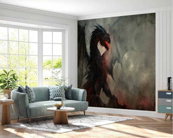 Room transformed with a fiery black dragon theme.