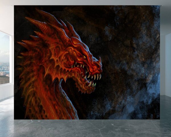 Haunting majestic red dragon guarding skeleton cave design on self-adhesive wallpaper